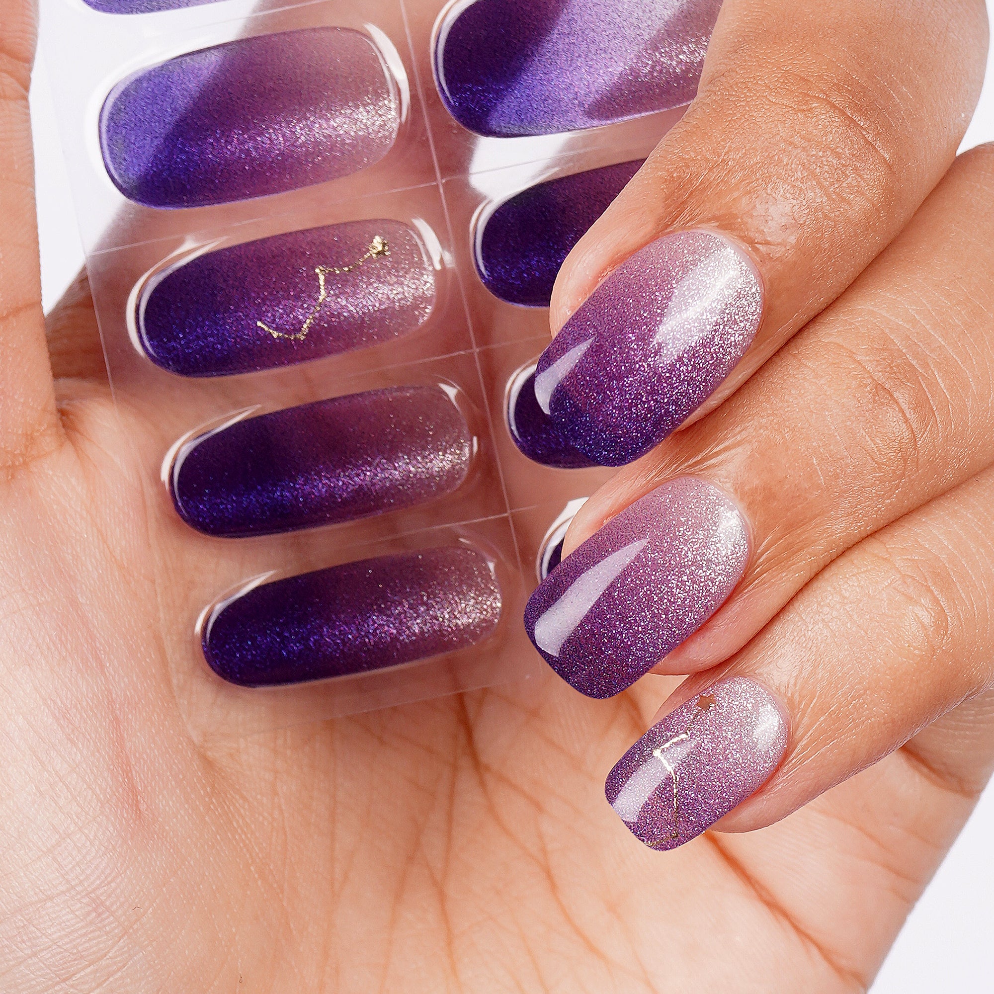 Purple Glitter Ombre with Gold Shooting Star Gel Nail Strips | Starry Violet Veil - 2639