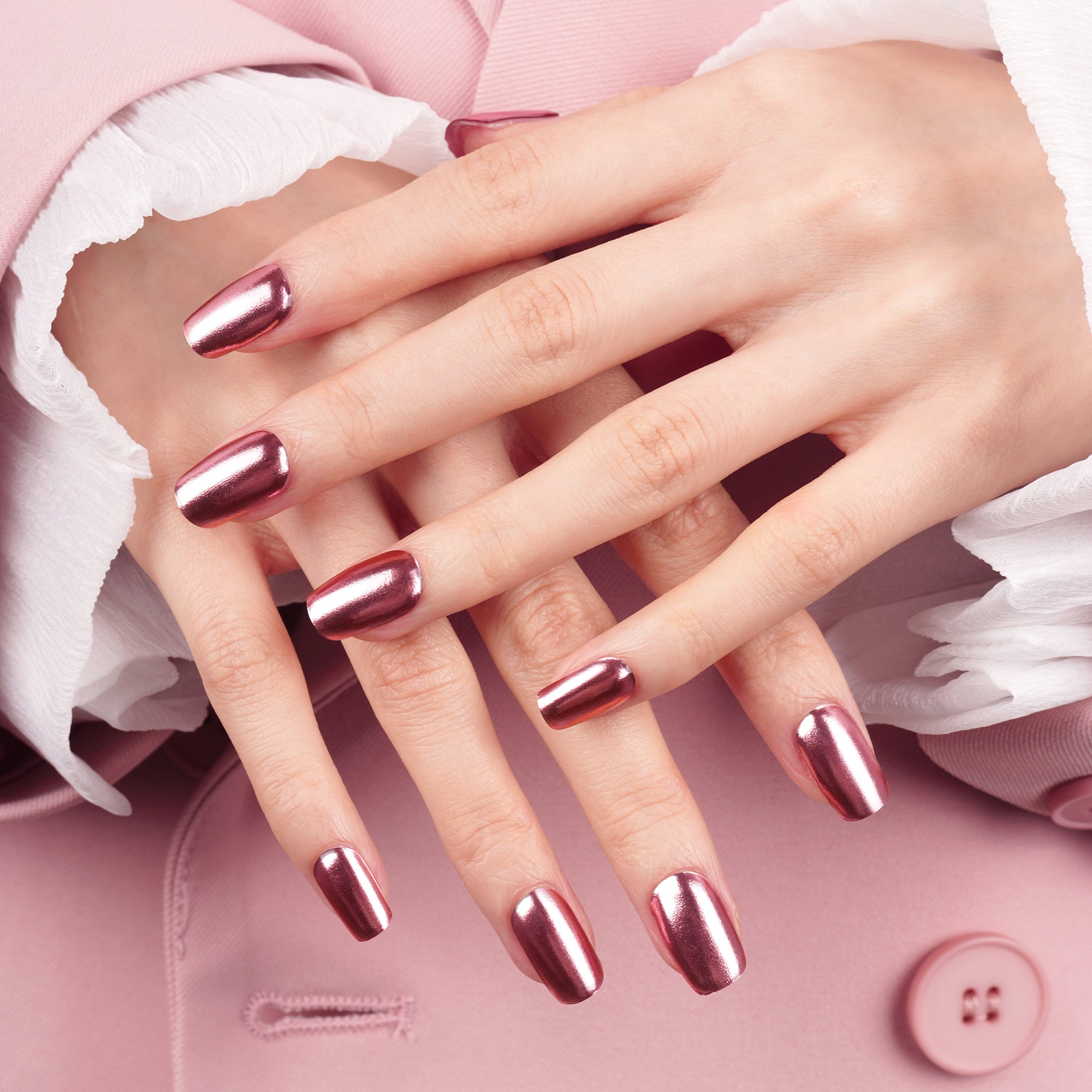 Luxurious Metallic Rose Gold  Semi Cured Gel Nail Strips | Mirror Blush - 2576