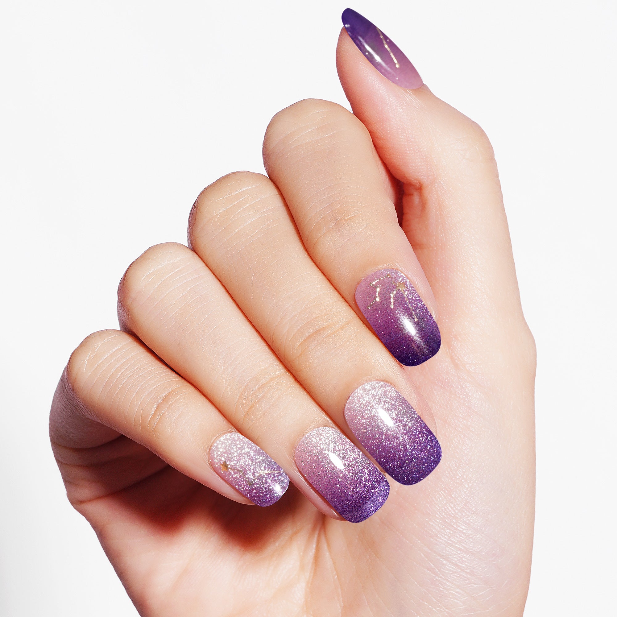 Purple Glitter Ombre with Gold Shooting Star Gel Nail Strips | Starry Violet Veil - 2639