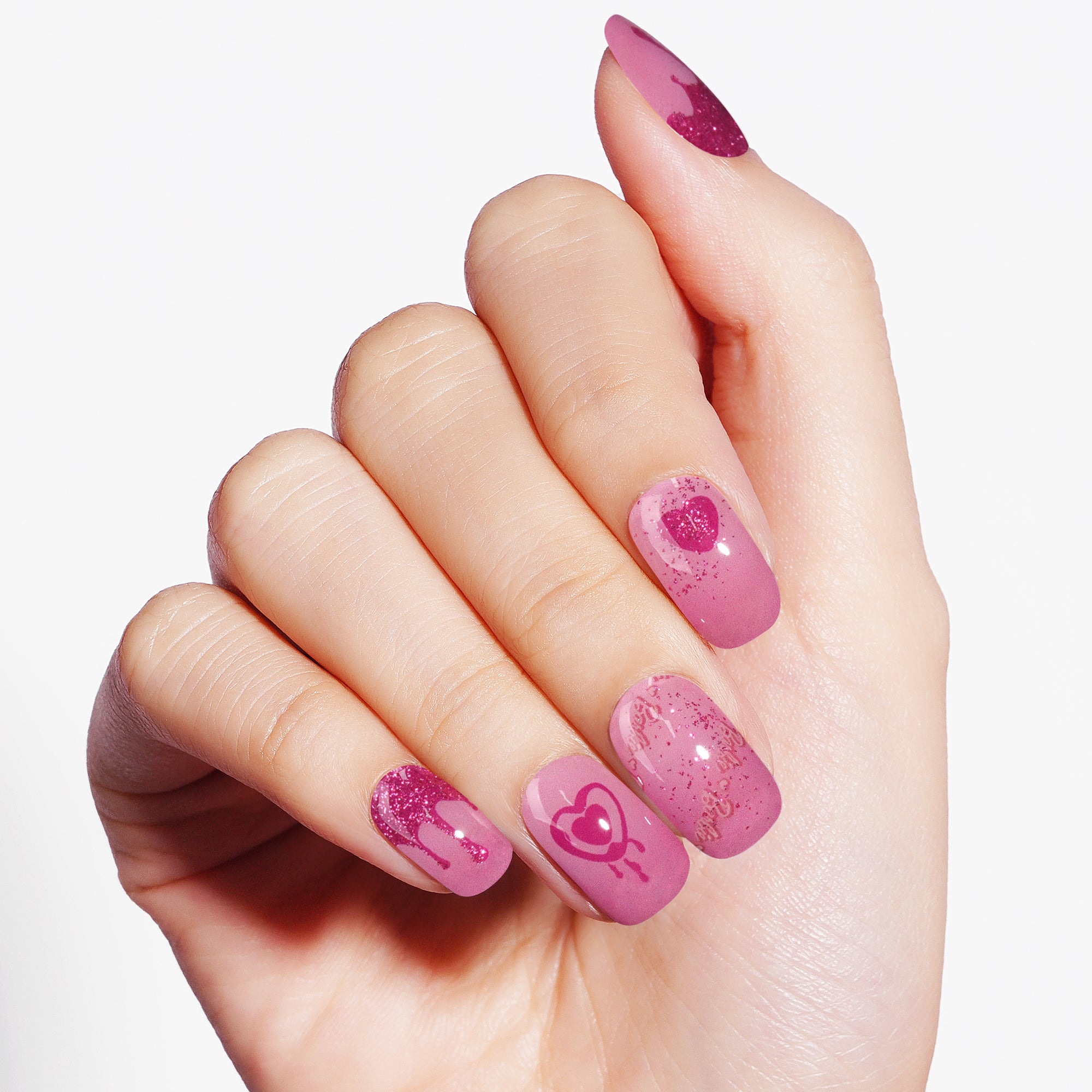 Playful Pink Party Semi Cured Gel Nail Strips with Glitter Accents | Love Sparkles - 3609