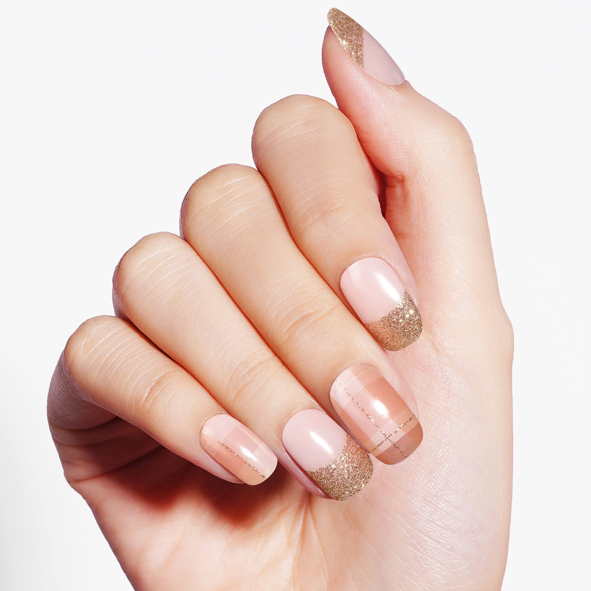 Elegant Rose Gold Stripe Semi Cured Gel Nail Strips | Gold Plaid - 5727