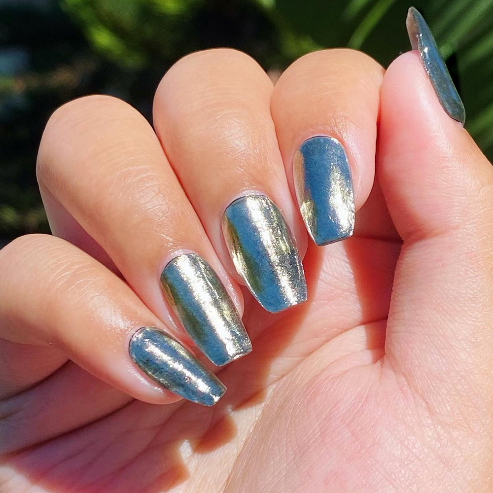 Mirror Shine Silver Chrome Semi Cured Gel Nail Strips | Black-Tie Affair - 3451