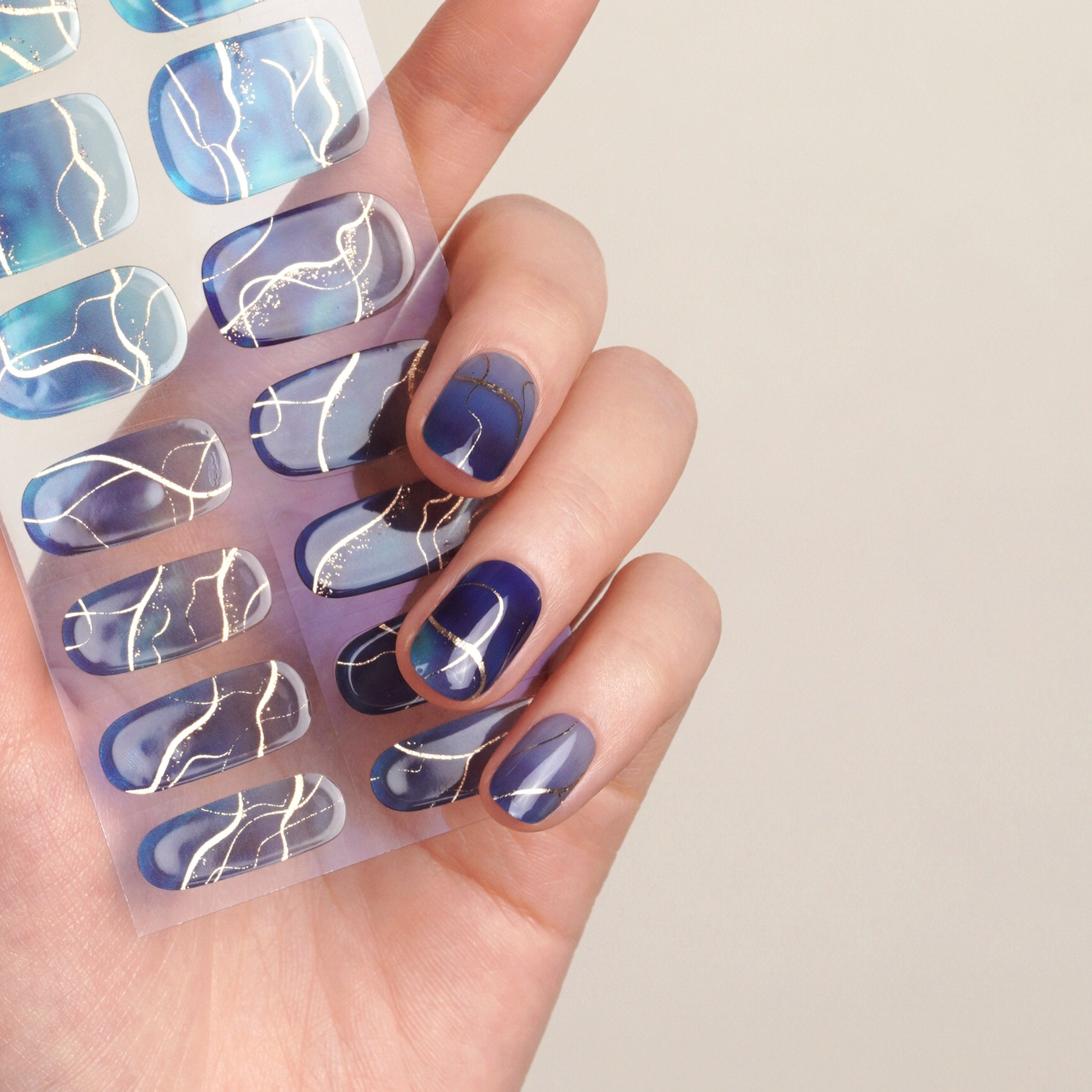 Semi-Transparent Blue & Gold Ocean Gel Nail Strips | Sea Fairy - 2546