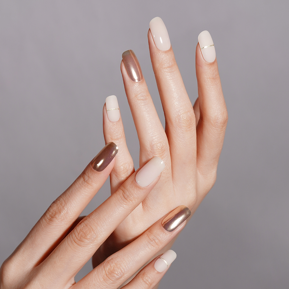 Gold Metallic & Light Nude Semi-Cured Gel Nail Strips | Aura - 2644