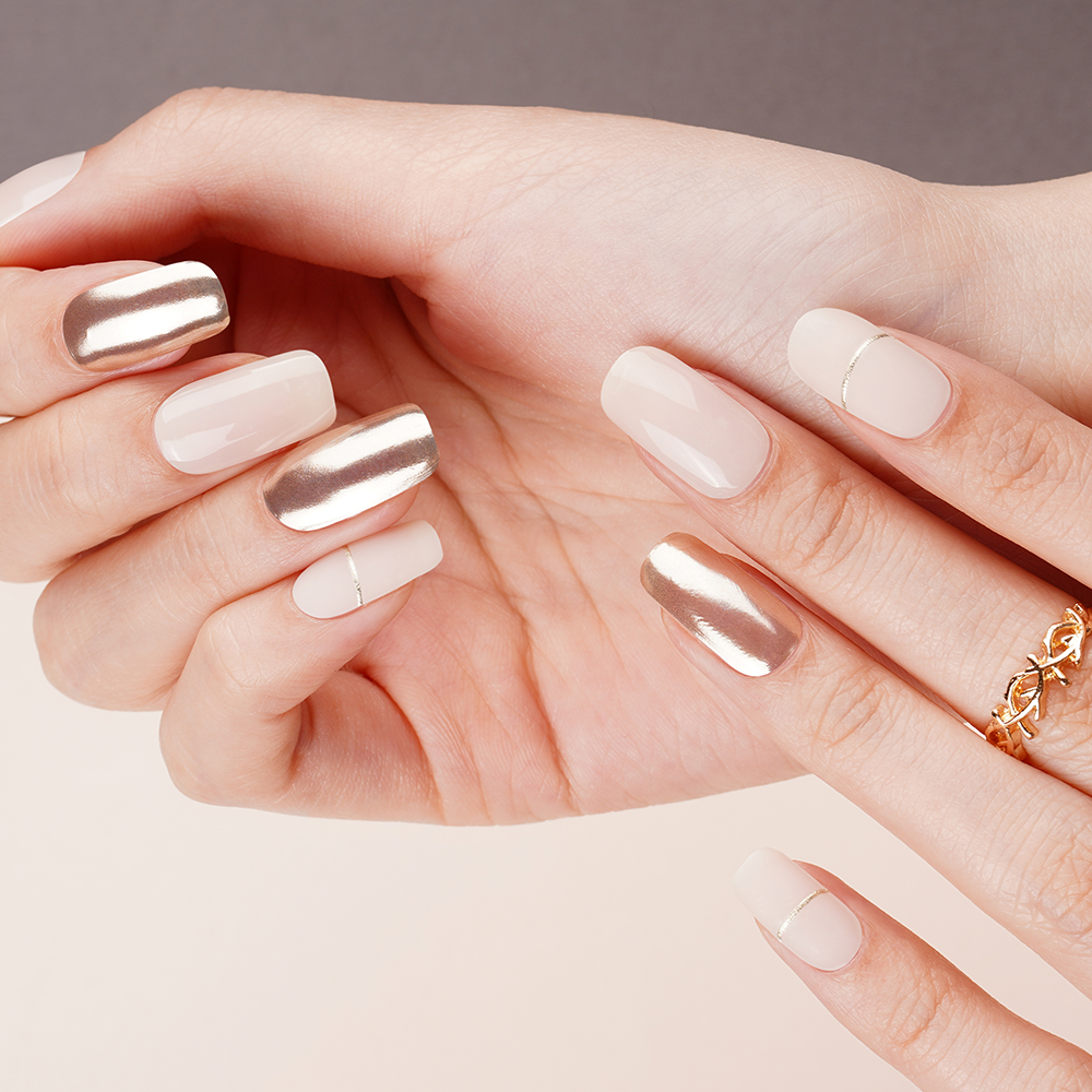 Gold Metallic & Light Nude Semi-Cured Gel Nail Strips | Aura - 2644