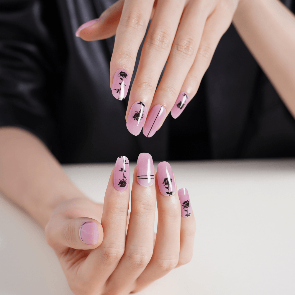 Pink & Black Rose Flower Gel Nail Strips | Rose-colored Glasses | Danni & Toni