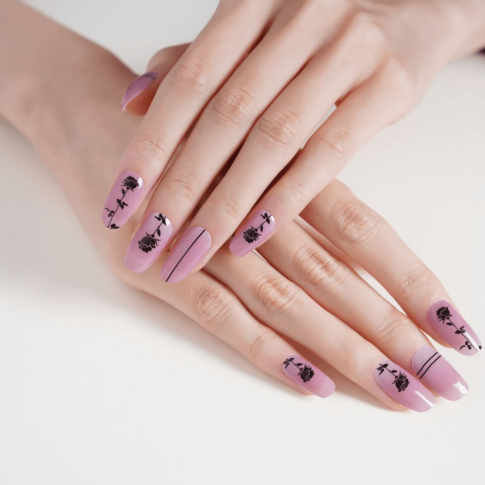 Pink & Black Rose Flower Gel Nail Strips | Rose-colored Glasses | Danni & Toni